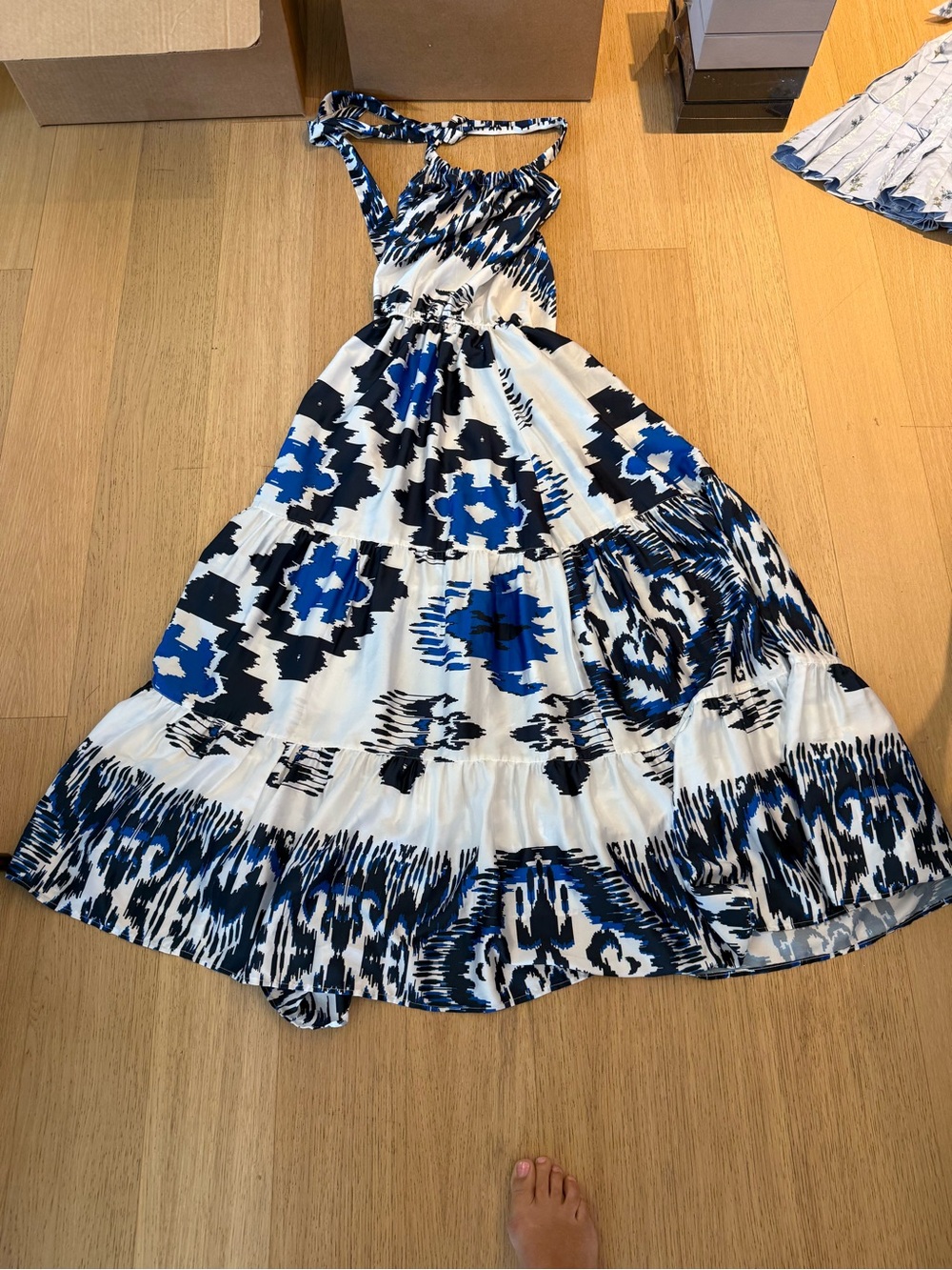 Blue & White Printed Halter Maxi Dress by